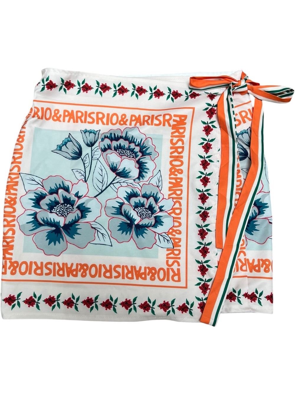 Floral Tie-Wrap Mini Skirt - White with Teal & Orange